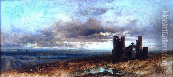 Moorland Landscape With Derelict Castle Oil Painting - James Webb