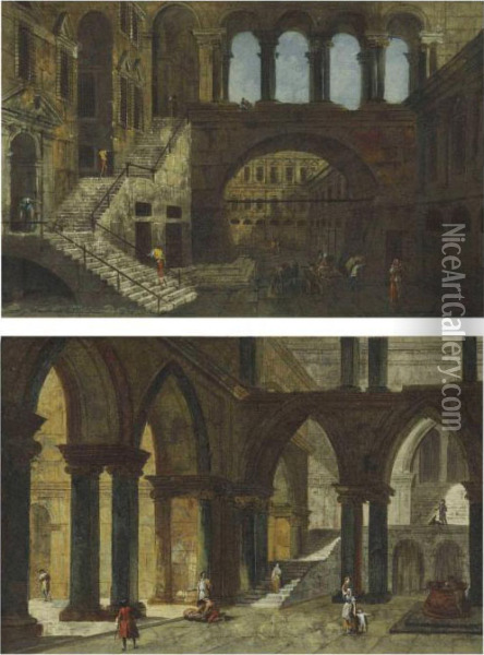 Architectural Fantasy With A Staircase In An Open Courtyard Oil Painting - Michele Marieschi
