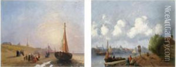 Figures On The Beach, 
Scheveningen; Figures Near A River, A Town In The Distance (a Pair) Oil Painting - Joseph Bles