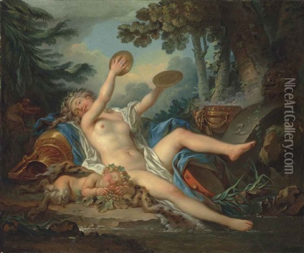 A Wooded Landscape With A Bacchante Playing The Cymbals And A Sleeping Faun Oil Painting - Jean-Simon Berthelemy