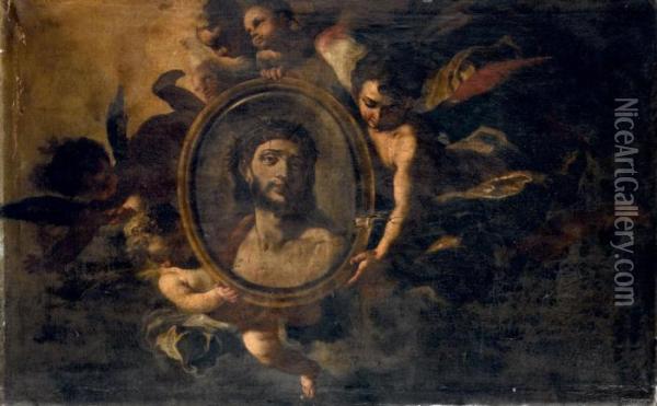 Angeli In Volo Con Volto Di Cristo Entro Un Tondo Oil Painting - Francesco Solimena