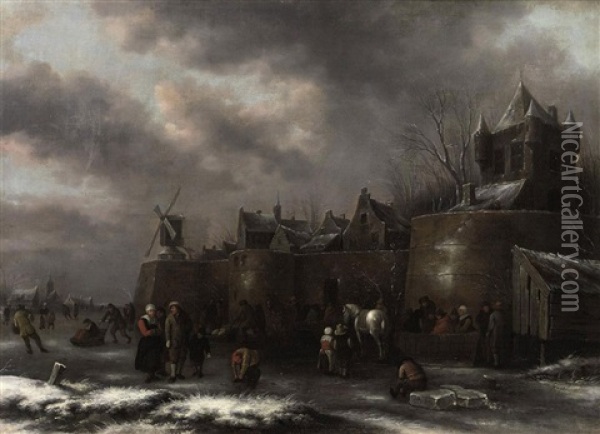A Winter Landscape With Figures Skating And Sleighing On A Frozen Moat Outside A Fortified Town Oil Painting - Nicolaes Molenaer