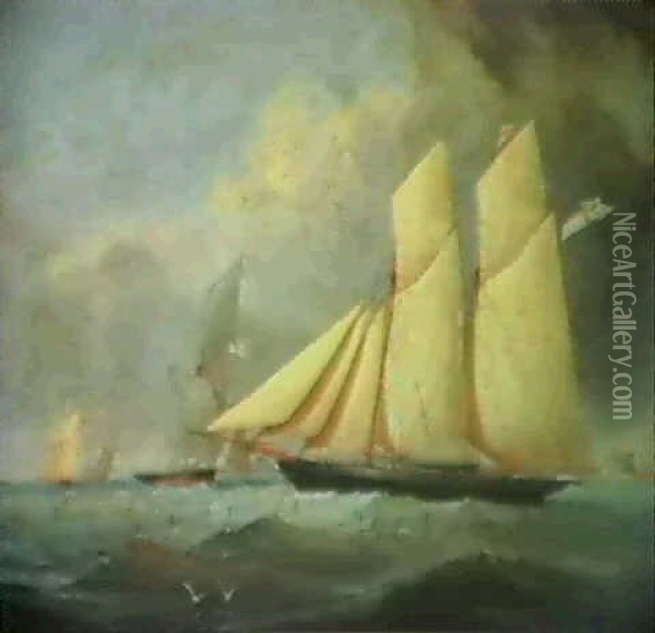 A Yacht Of The Royal Yacht Squadron And Other Shipping Off  Hurst Castle; And A Yacht Of The Royal Yacht Squadron In Sea Oil Painting - Arthur Wellington Fowles