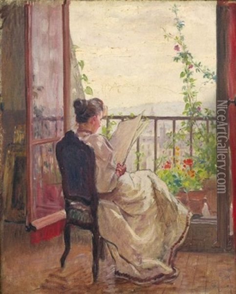 Portrait De Jeune Femme Assise, Lisant A Sa Fenetre Oil Painting - Rene Louis Chretien