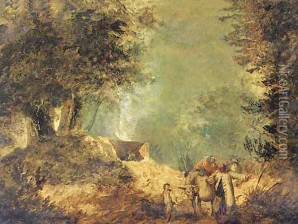 A wooded landscape with travellers on a track Oil Painting - Jean-Baptiste Pillement