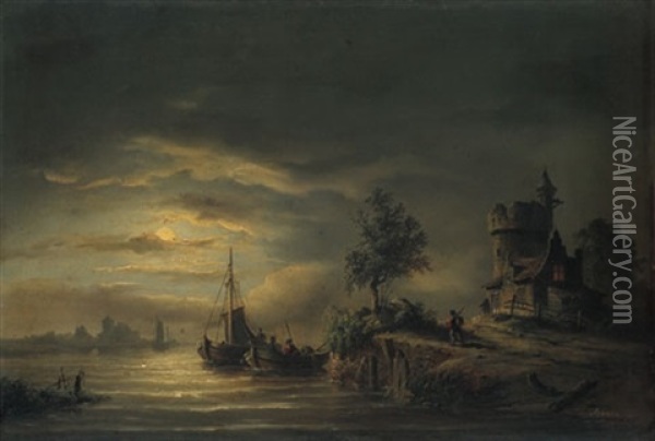 Nachtliche Fluslandschaft Oil Painting - Pieter Hendrik Lodewijk Jonxis
