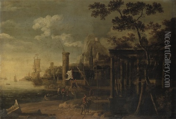 A Capriccio Of A Harbour With Men-o-war Flying The Colours Of Rotterdam And Ostend Oil Painting - Adriaen Van Diest
