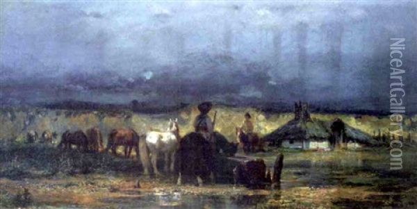 Farm Scene With Horses Oil Painting - Adolf Schreyer