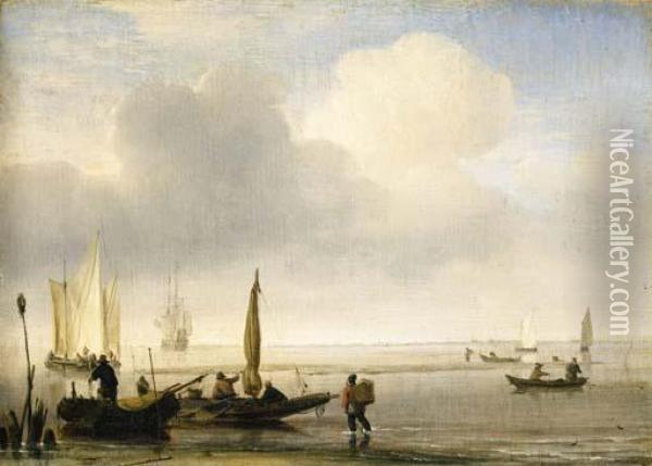 Two Fishing Boats Off A Spit Of Sand In A Calm, With Other Shipping In An Estuary Oil Painting - Willem van de, the Elder Velde
