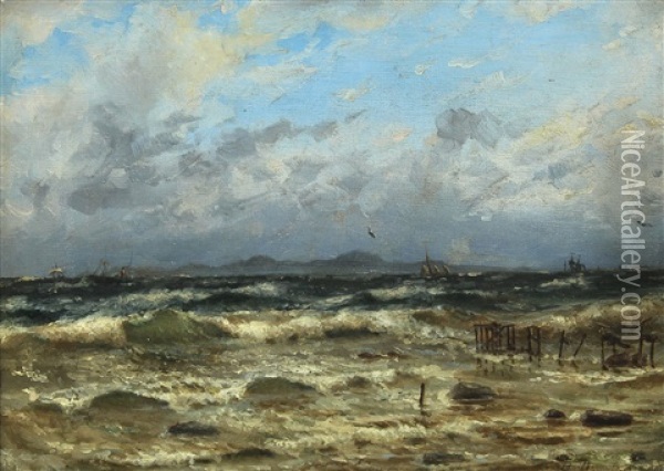 Coastal Scenery With Ships At Sea In Fresh Weather Oil Painting - Holger Henrik Herholdt Drachmann
