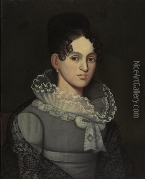 Portrait Of A Young Girl With Ruffled Collar And Black Lace Shawl Oil Painting - Zedekiah Belknap