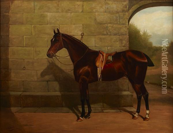 A Chestnut Race Horse In A Courtyard Oil Painting - John Mathews