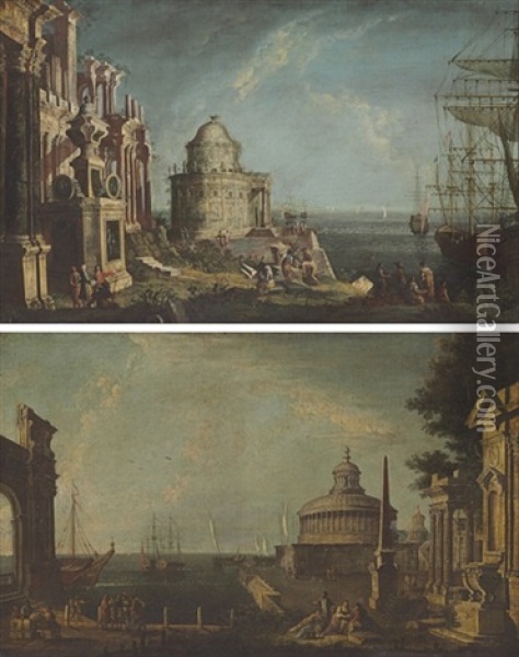 A Capriccio With A Temple And Elegant Figures By A Harbor (+ A Capriccio With The Mausoleum Of Hadrian And An Obelisk With Figures On A Quay; Pair) Oil Painting - Michele Marieschi