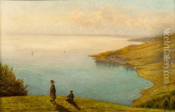 Fillettes Admirant Le Lavaux Et Le Lac Leman Oil Painting - Louis Daniel Edouard Gaulis