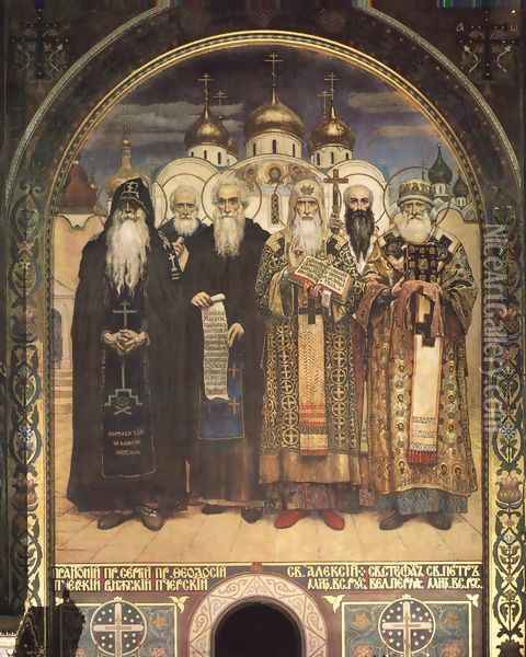 Russian Saints (monks and bishops) (St. Volodymyr's Cathedral fresco) Oil Painting - Viktor Vasnetsov
