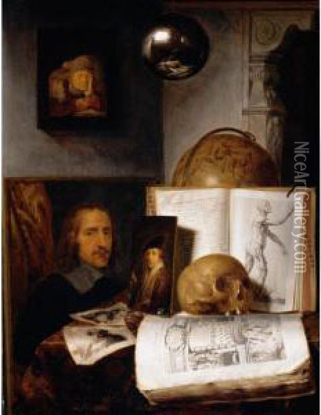 Still Life Of Books, Prints, 
Paintings, A Skull, Shell And A Globe Upon A Table Draped With A Green 
Cloth, A Sphere And A Painting Hanging Above Oil Painting - Simon Luttichuys