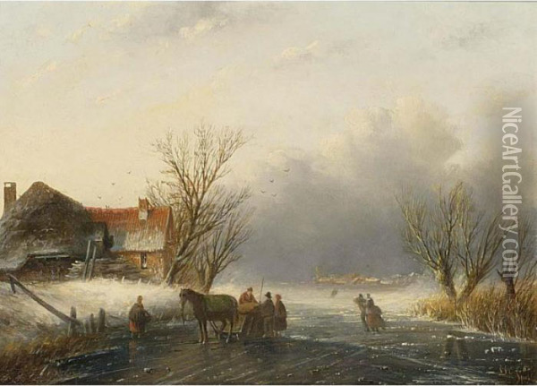 A Winter Landscape With A Horse-sledge On The Ice Oil Painting - Jan Jacob Coenraad Spohler
