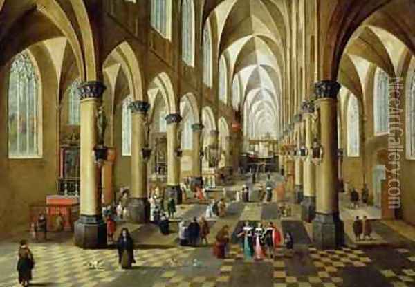 Figures gathered in a Church Interior Oil Painting - Pieter the Younger Neefs