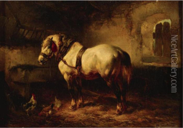 A Horse And Chickens In A Stable Oil Painting - Wouterus Verschuur