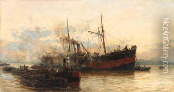 A Steamship In A Harbor With A Tugboat And Barges
Oil On Canvas Oil Painting - William Lionel Wyllie