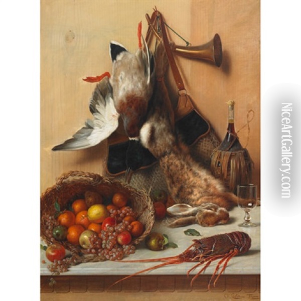 Hunting Bounty (+ Fishing Bounty (against Tromp L'oeil Wood-grained And Stucco Brick Walls); Pair) Oil Painting - Oreste Costa