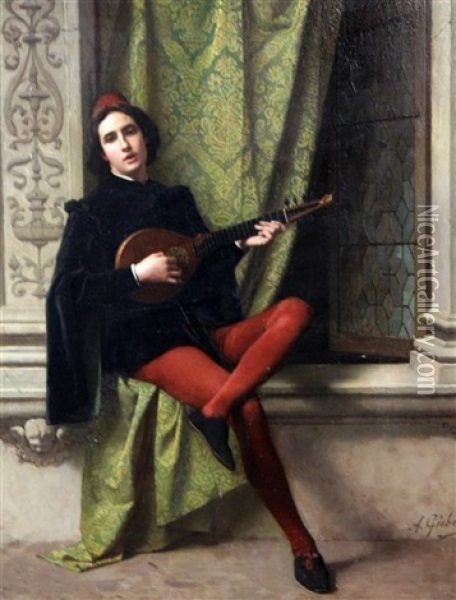 Gentleman Playing A Mandolin Oil Painting - Antonio Gisbert