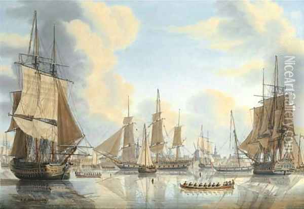 The Batavian fleet under Vice-Admiral Carel Hendrik Verhuell at Flushing Oil Painting - Engel Hoogerheyden