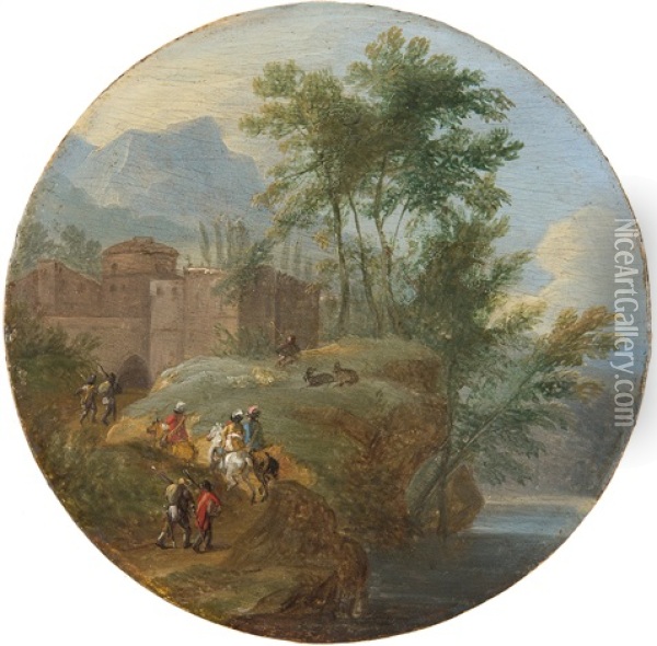 Hugelige Landschaft Mit Burg Und Reisenden Oil Painting - Franz de Paula Ferg