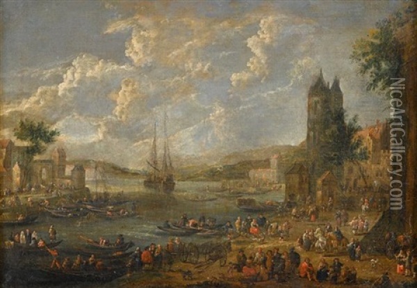A River Landscape With Figures Along The Shore And In Boats Oil Painting - Mathys Schoevaerdts