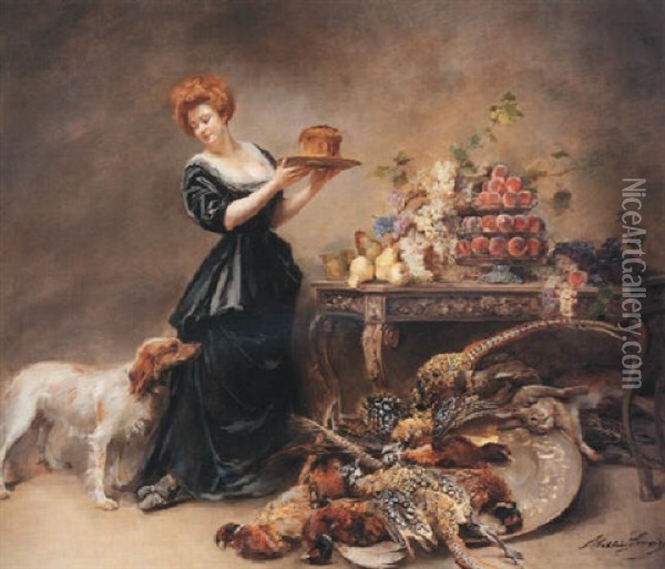 Allegorie De L'automne: La Duchesse De Gramont Presente Un Etalage De Fruits Et De Gibier Oil Painting - Madeleine Jeanne Lemaire
