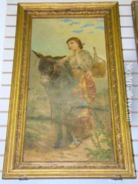 Beautiful Image Of A Woman With A Donkey Oil Painting - Raffaele Armenise