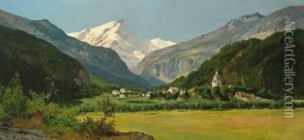 Sommertag In Den Alpen Mit Malerischem Kirchdorf Und Aufragendem Massiv Oil Painting - August Albert Zimmermann