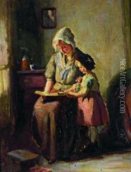 Reading Lesson Oil Painting - Charles E. Waltensperger