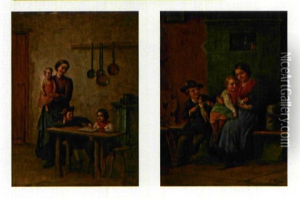 Kinder In Der Stube (+ Another; Pair) Oil Painting - Josef Bueche