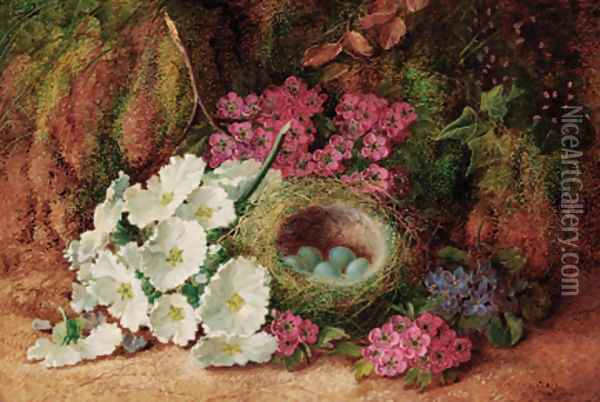 Blossom and a bird's nest with eggs, on a mossy bank Oil Painting - Vincent Clare