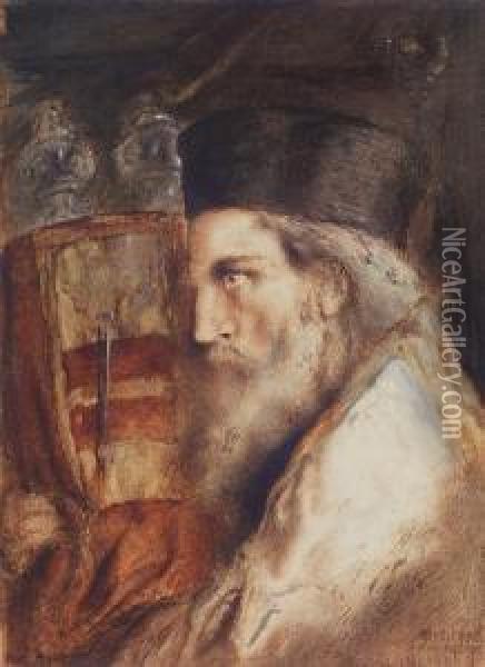 Rabbi Holding The Torah Oil Painting - Simeon Solomon