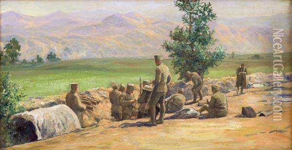 Soldati A Riposo In Trincea A L'ortigara, Altopiano Di Asiago Oil Painting - Achille Beltrame