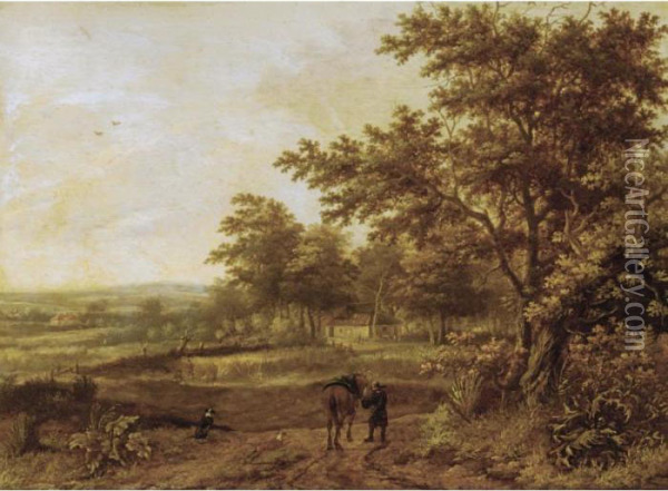 A Wooded Landscape With A Traveller And His Horse On A Path, A Farmhouse Beyond Oil Painting - Jan Wijnants