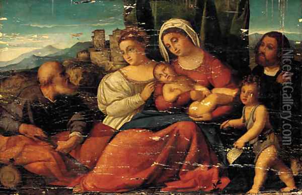 The Holy Family with the Infant Saint John the Baptist, a female Saint and a male donor in a landscape Oil Painting - Palma Vecchio (Jacopo Negretti)