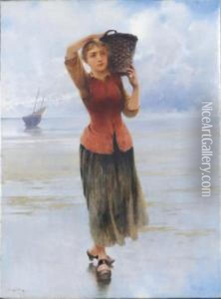 Fisherwoman On The Beach Oil Painting - August Wilhelm Nikolaus Hagborg