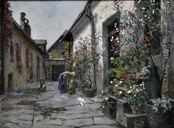 Bluhende Blumen In Einem Innenhof, Im Hintergrund Mutter Mit Kind Und Katze. Oil Painting - Stefan Simony