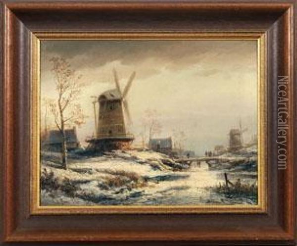 Winterlandschaft Mit Windmuhlen Oil Painting - Colestin Brugner