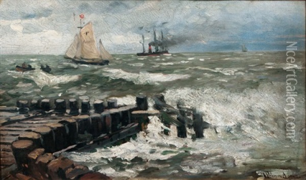 Brandung Am Pier Oil Painting - Heinrich Petersen-Angeln