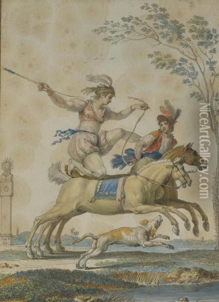 Equestrian Acrobats: A Pair Oil Painting - Jean-Demosthene Dugourc
