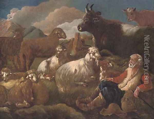 A shepherd resting with his cattle in a mountainous landscape Oil Painting - Philipp Peter Roos
