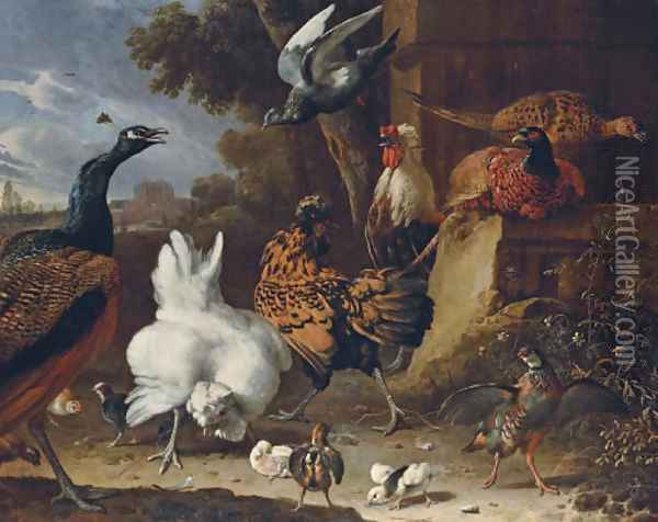 A cockerel, hens, chicks, a partridge, pheasants, a peacock and a pigeon by a wall in the park of a mansion Oil Painting - Melchoir D'Hondecoeter