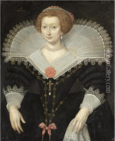 A Portrait Of A Lady, Three-quarter Length, Wearing A Black Dressand White Lace Collar Oil Painting - Frans Pourbus
