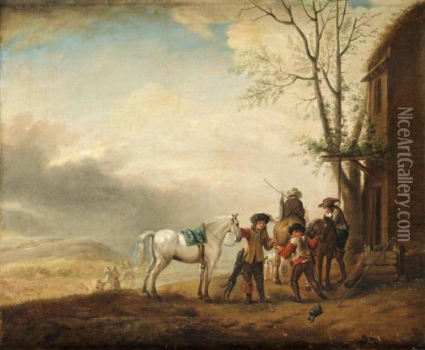 Hansart, Ridsallskap Utanfor Taverna Oil Painting - Pieter Wouwermans or Wouwerman