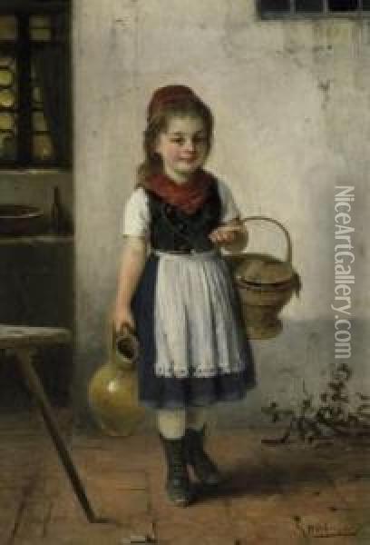 Little Girl With Jar And Basket. Signed Bottom Right: H. Oehmichen Oil Painting - Hugo Oehmichen
