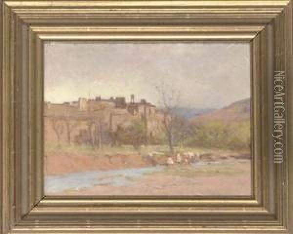 Palace Of The Kaid Of Amsmiz, From The River Oil Painting - Tom Robertson